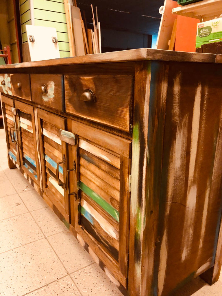 Mobile Credenza soggiorno sala da pranzo stile COUNTRY legno massello colorato stracciato 160x60xh90 cm