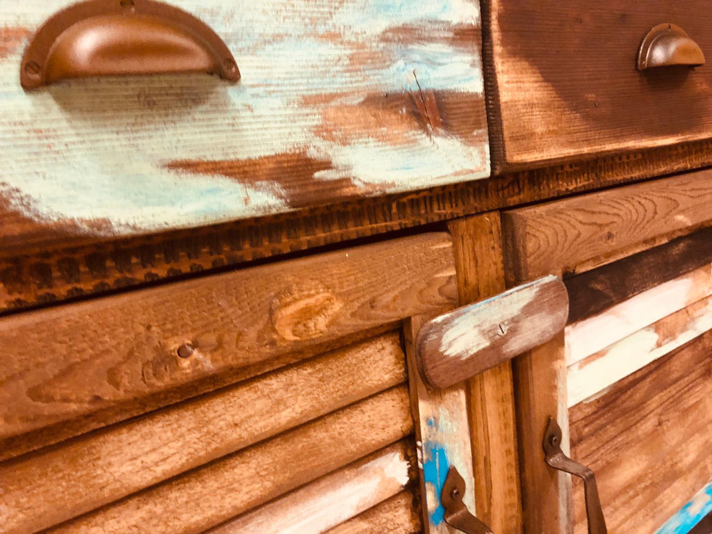 Mobile Credenza soggiorno sala da pranzo stile COUNTRY legno massello colorato stracciato 160x60xh90 cm