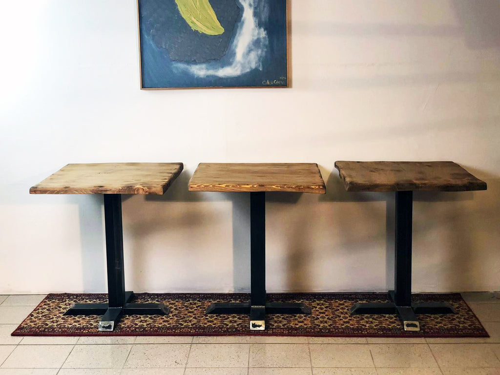 Tavolo Tavolino quadrato tipo BAR stile INDUSTRIAL piano in legno gamba centrale in ferro 90x90h80 cm
