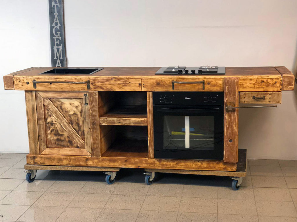 Cucina lineare stile BANCO FALEGNAME / INDUSTRIAL legno massello predisposizione elettrodomestici 250x70xh90 cm