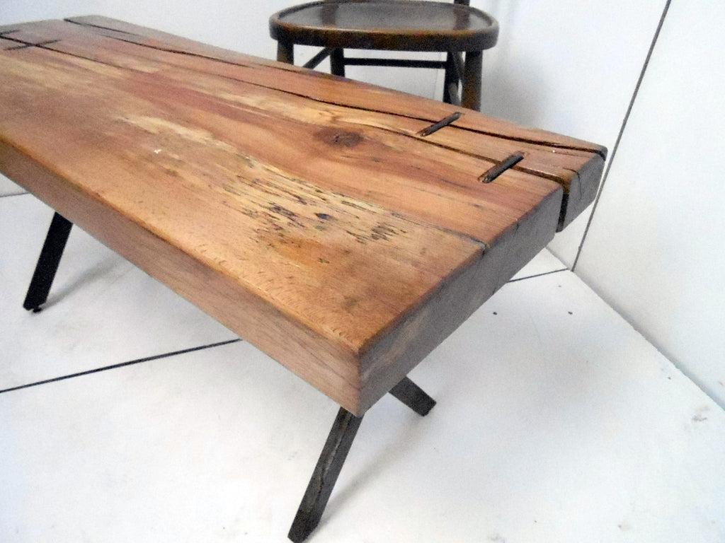 Tavolo basso tavolino da caffè salotto stile INDUSTRIAL con tavola legno massiccio 6 cm gambe in ferro acroce 98x38xh45 cm