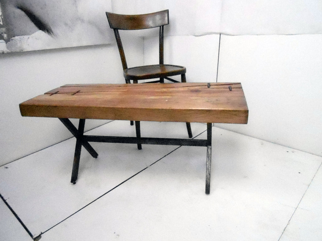Tavolo basso tavolino da caffè salotto stile INDUSTRIAL con tavola legno massiccio 6 cm gambe in ferro acroce 98x38xh45 cm