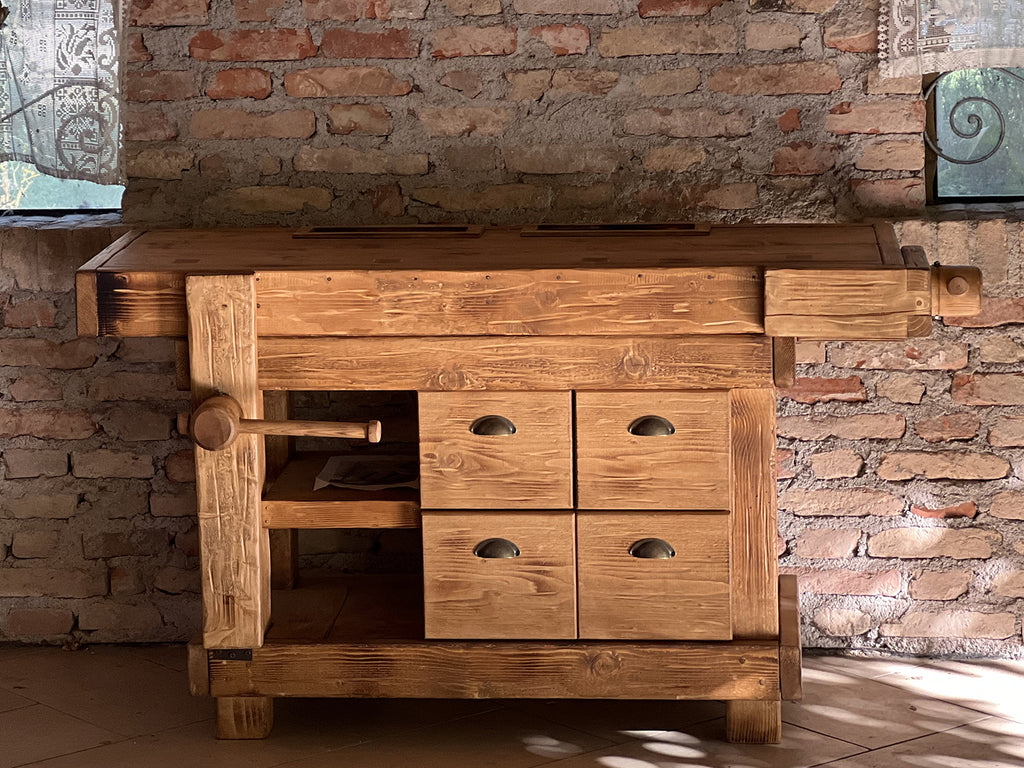 Carpenter's bench for home and commercial furniture in INDUSTRIAL style solid wood 4 drawers and 2 vices 158x68xh85cm