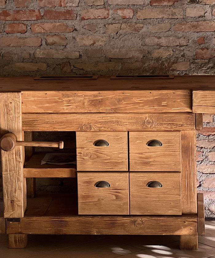 Carpenter's bench for home and commercial furniture in INDUSTRIAL style solid wood 4 drawers and 2 vices 158x68xh85cm