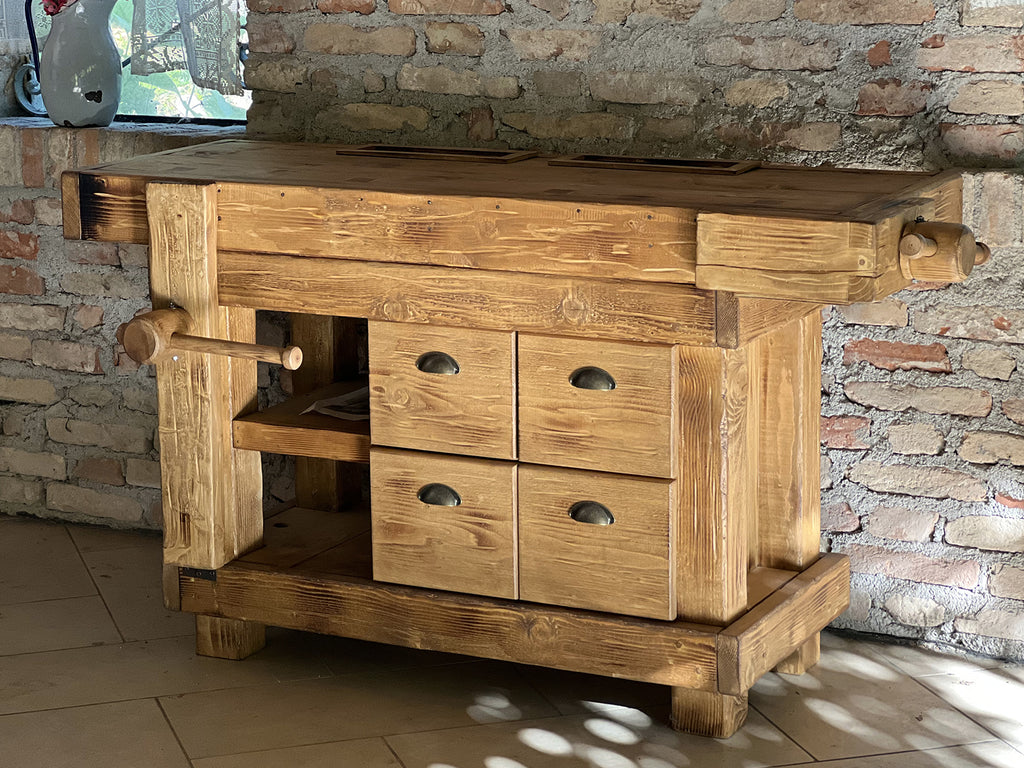 Banco da Falegname per arredo casa e attività commerciali in stile INDUSTRIAL legno massello 4 cassetti e 2 morse 158x68xh85cm