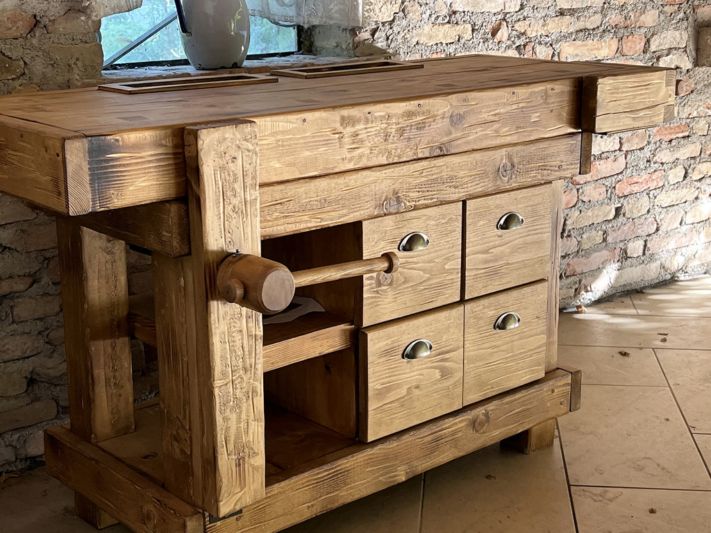 Carpenter's bench for home and commercial furniture in INDUSTRIAL style solid wood 4 drawers and 2 vices 158x68xh85cm