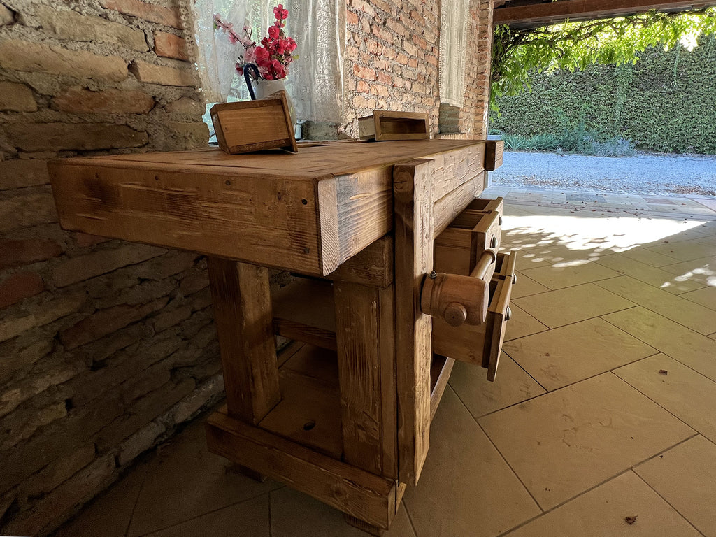 Carpenter's bench for home and commercial furniture in INDUSTRIAL style solid wood 4 drawers and 2 vices 158x68xh85cm
