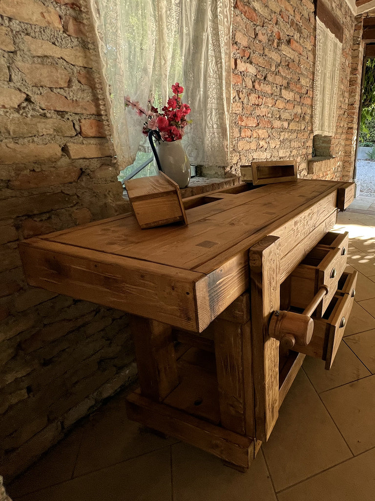 Carpenter's bench for home and commercial furniture in INDUSTRIAL style solid wood 4 drawers and 2 vices 158x68xh85cm