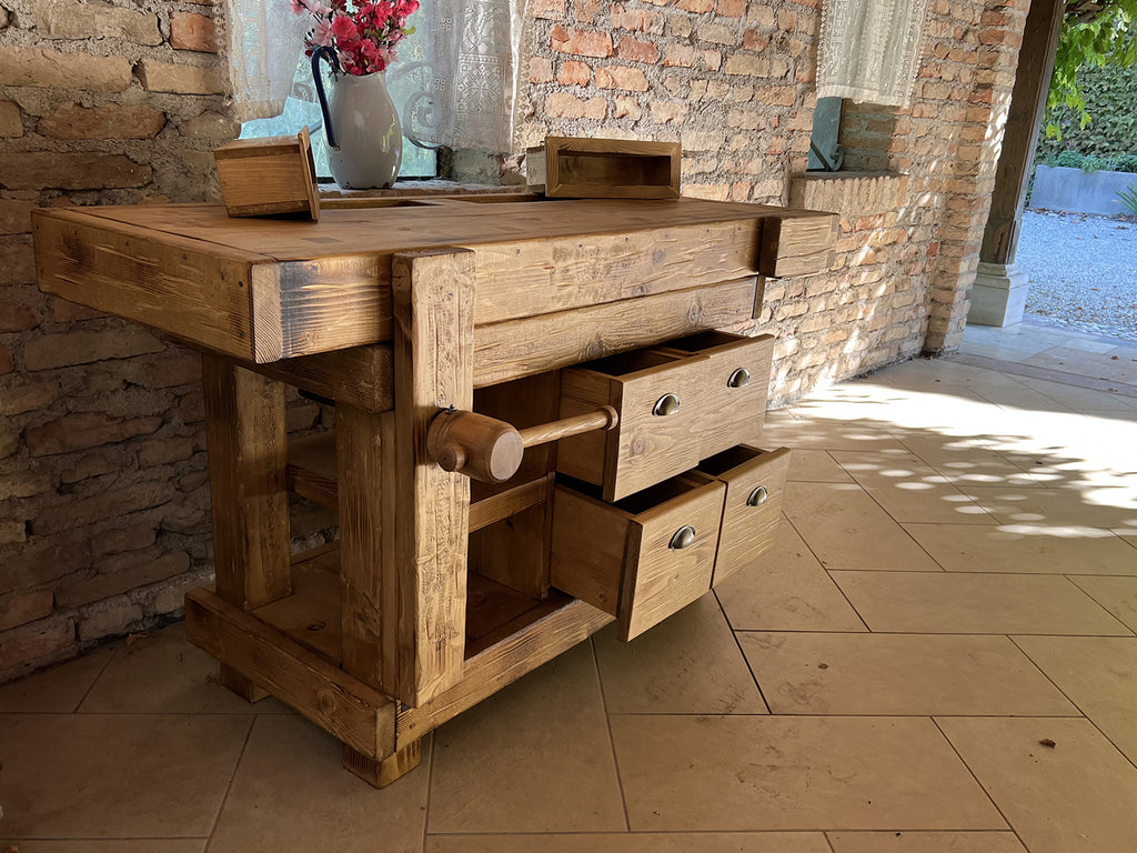 Carpenter's bench for home and commercial furniture in INDUSTRIAL style solid wood 4 drawers and 2 vices 158x68xh85cm