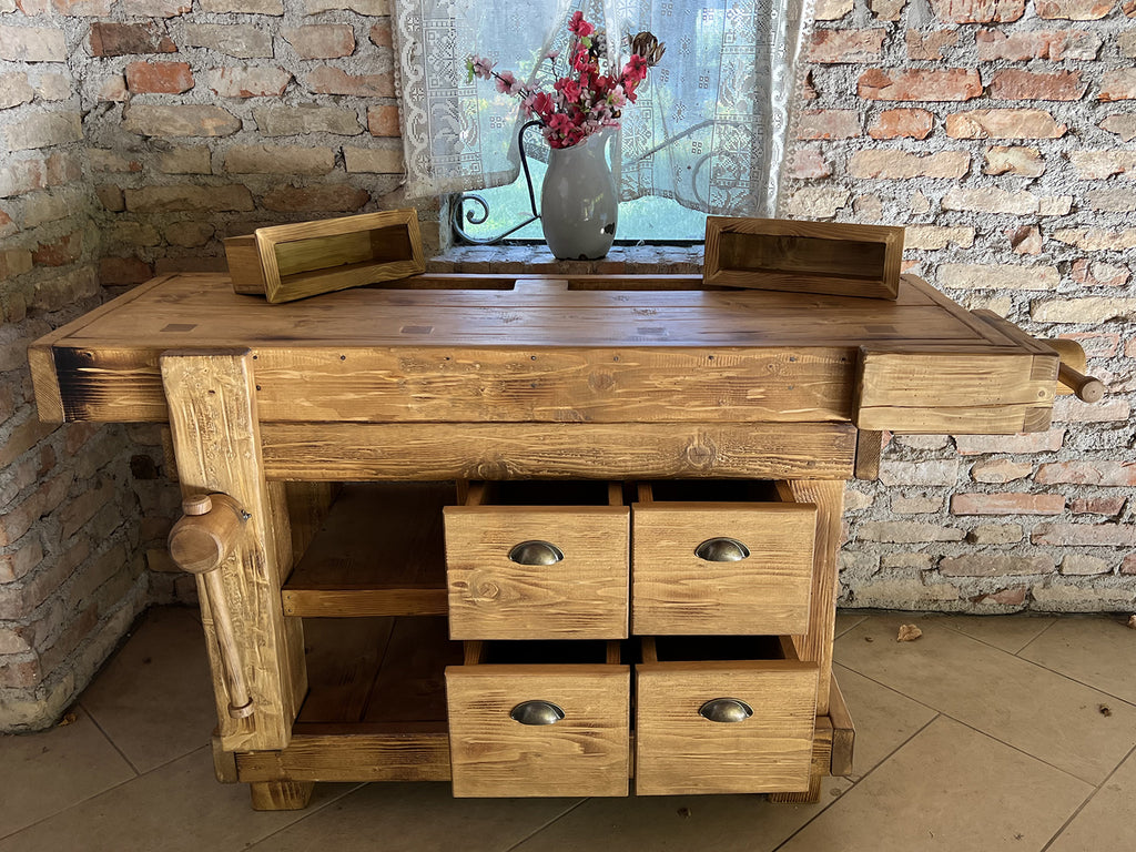Carpenter's bench for home and commercial furniture in INDUSTRIAL style solid wood 4 drawers and 2 vices 158x68xh85cm