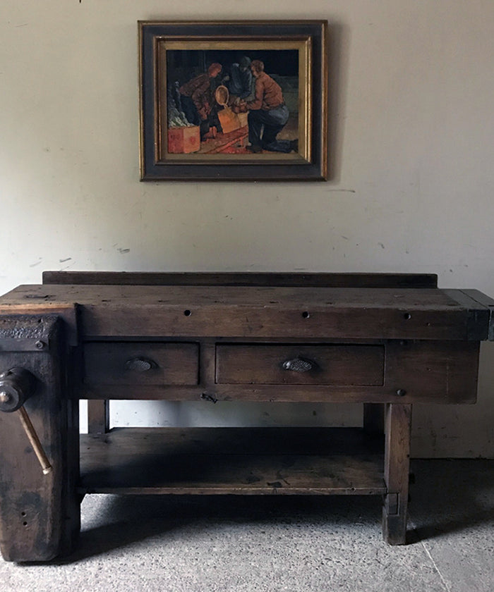 Banco Falegname per arredo stile ANTICO / VISSUTO in legno massello di Frassino con cassetti e morsa 180x80x84 cm