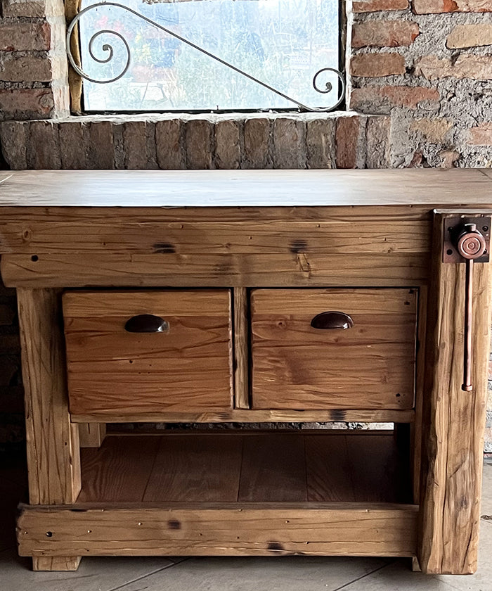 Carpenter's workbench for kitchen, living room, bathroom furniture in INDUSTRIAL style, solid wood, 2 drawers and 1 vice, 120x55/65xh75 cm