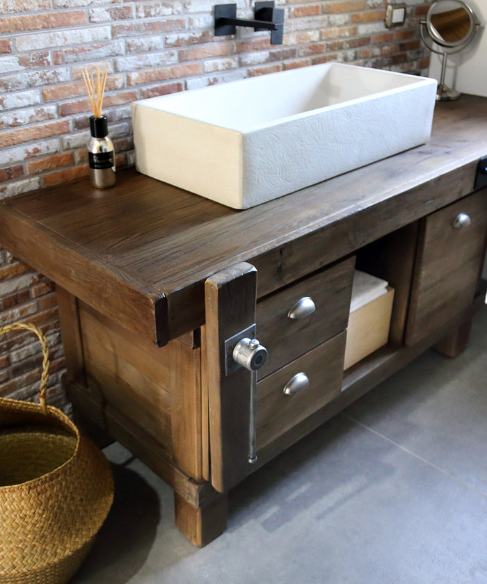 Banco da Falegname per arredo Bagno in stile INDUSTRIAL in legno massello predisposizione Lavabo misure 180x60xh80cm