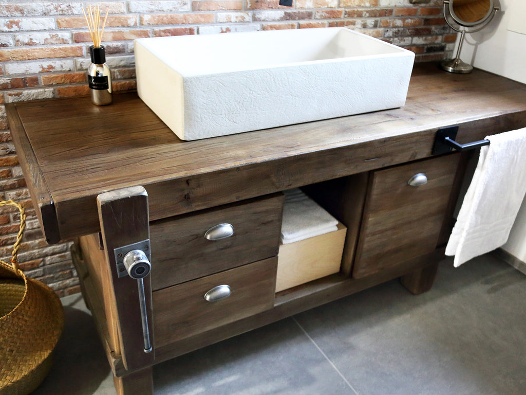 Banco da Falegname per arredo Bagno in stile INDUSTRIAL in legno massello predisposizione Lavabo misure 180x60xh80cm