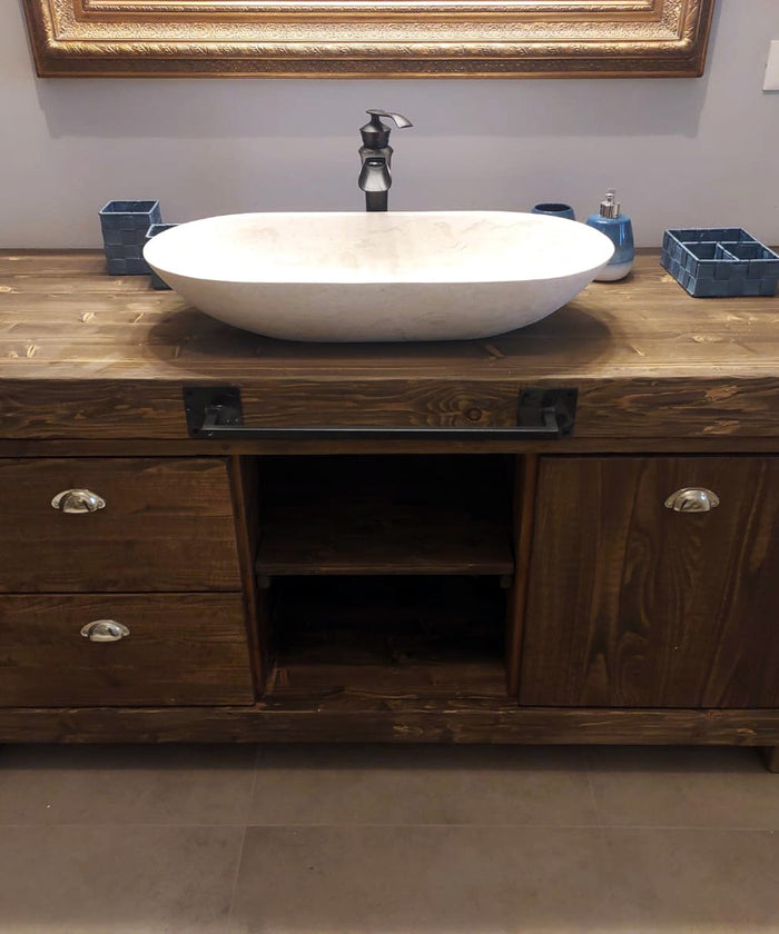 Mobile bagno stile BANCO DA FALEGNAME in legno massello con Lavabo in pietra e rubinetto | mensola - porta rotolo opzionali |misure 160x60xh80+15cm
