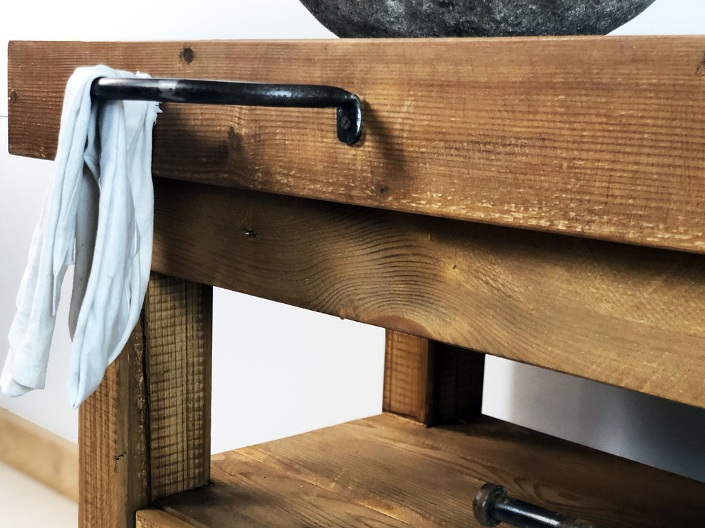 Banco da Falegname per arredo bagno legno massello finitura noce specchio e lavabo opzionali 95x50h80cm SU MISURA