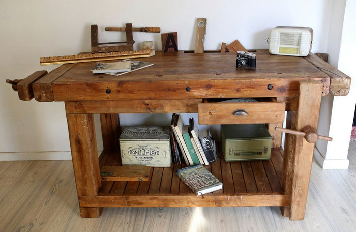 Carpenter's workbench for kitchen living room furniture in INDUSTRIAL style solid wood one drawer and two vices 150x63xh85 cm