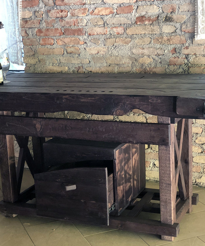 Carpenter's bench for corner BAR furniture RUSTIC style | INDUSTRIAL solid wood with cube drawer and iron vice 190x70xh90cm