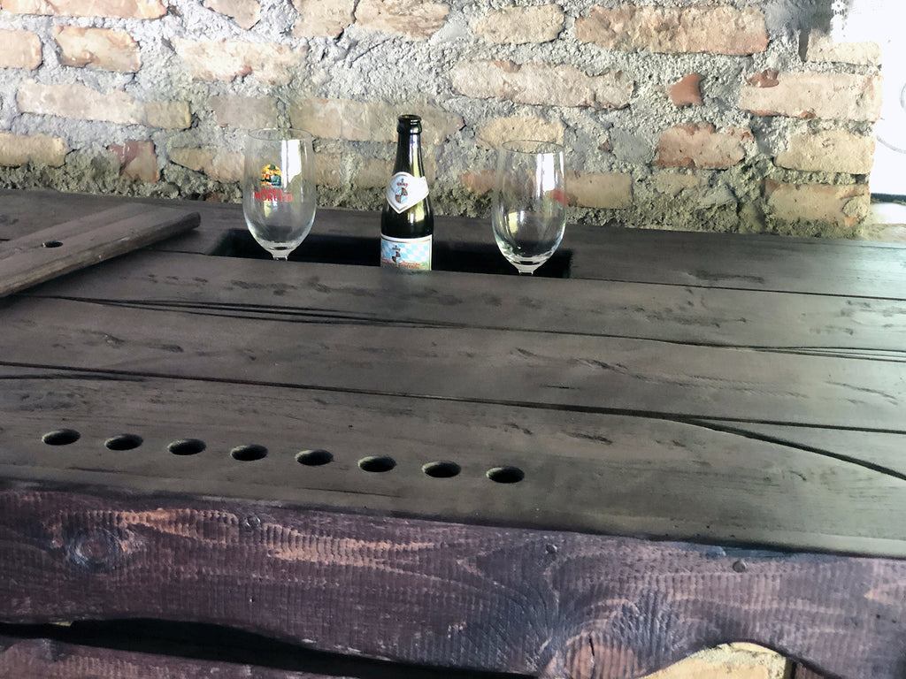 Banco da Falegname per arredo angolo BAR stile RUSTICO | INDUSTRIAL legno massello con cassettone a cubo e morsa in ferro 190x70xh90cm