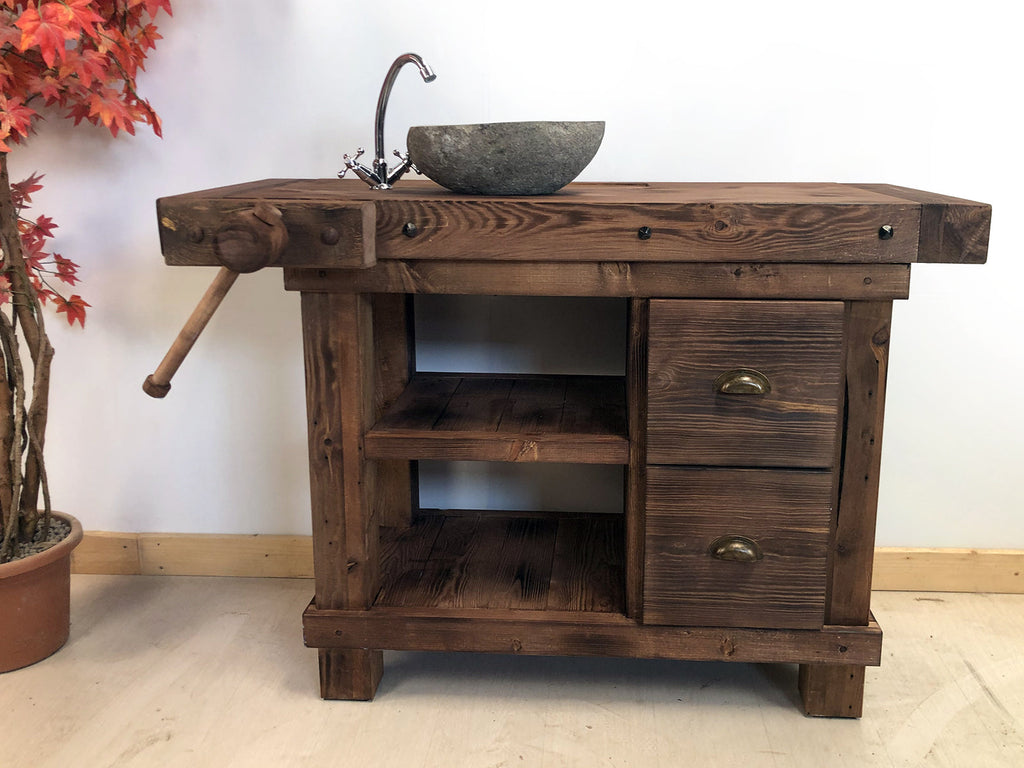 Banco da Falegname per arredo bagno o isola cucina legno massello finitura noce antico 130x55h90cm SU MISURA