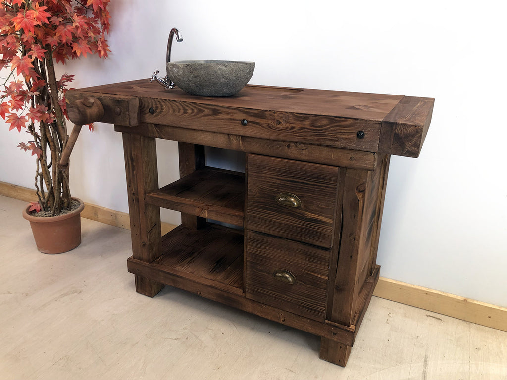 Banco da Falegname per arredo bagno o isola cucina legno massello finitura noce antico 130x55h90cm SU MISURA