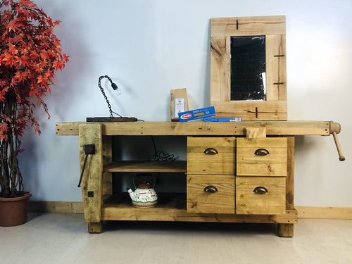 Banco Falegname per arredo cucina soggiorno bagno stile INDUSTRIAL legno massello abete e frassino 4 cassetti 2 morse 180x60xh80cm