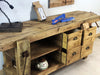 Banco Falegname per arredo cucina soggiorno bagno stile INDUSTRIAL legno massello abete e frassino 4 cassetti 2 morse 180x60xh80cm