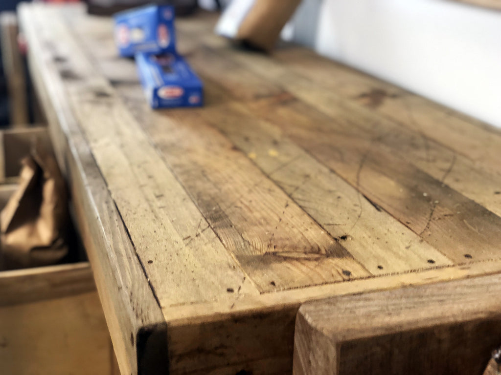 Banco Falegname per arredo cucina soggiorno bagno stile INDUSTRIAL legno massello abete e frassino 4 cassetti 2 morse 180x60xh80cm