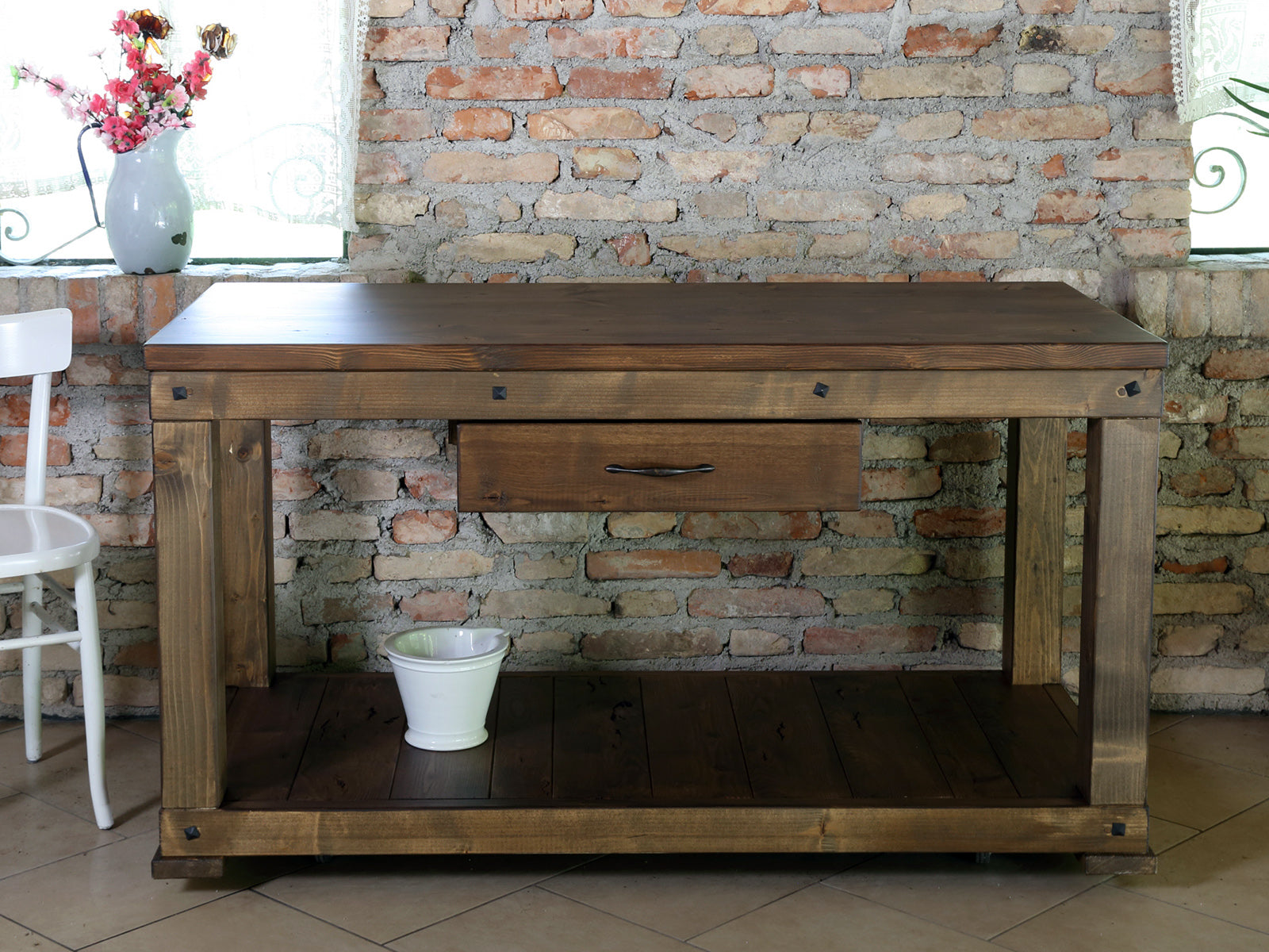 Konsolentisch für Kücheninsel im rustikalen Stil aus Massivholz mit 1 Schublade, 150 x 70 x 80 cm