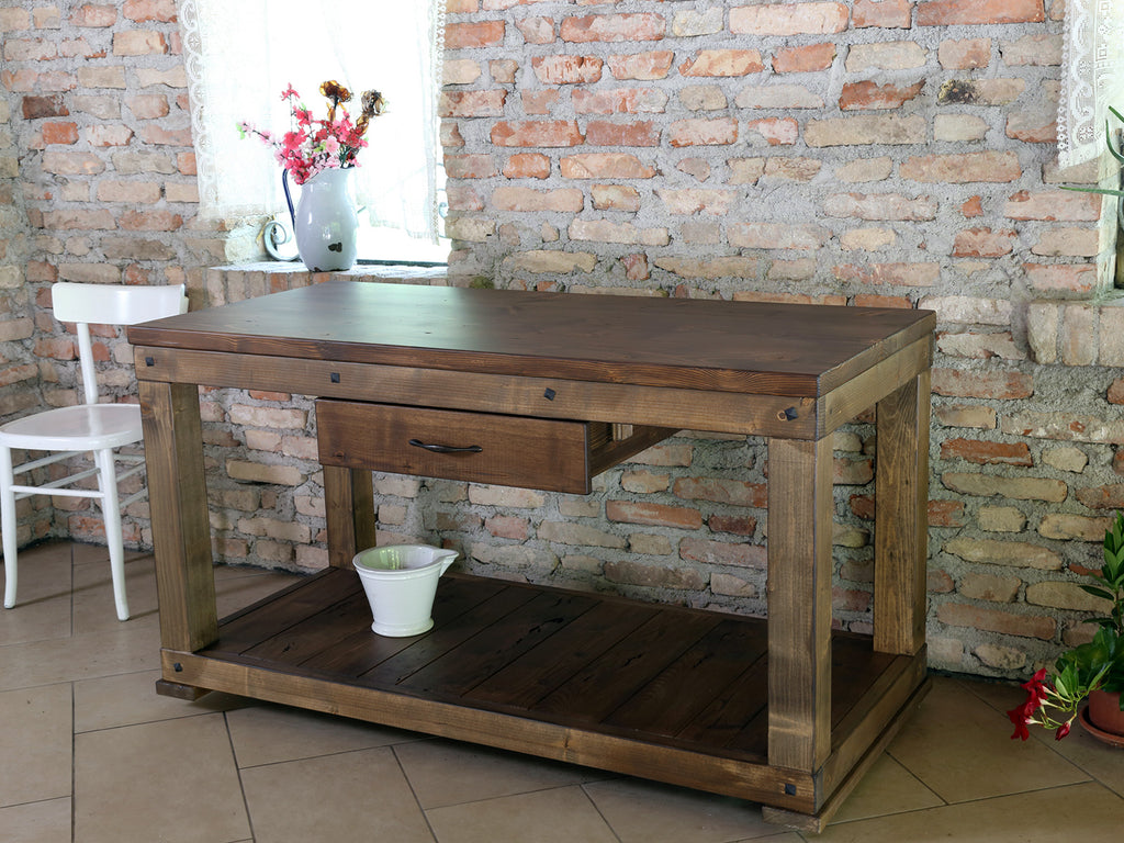 Banco da lavoro / isola cucina per arredo in stile RUSTICO in legno massello 1 cassetto 150x70xh80 cm