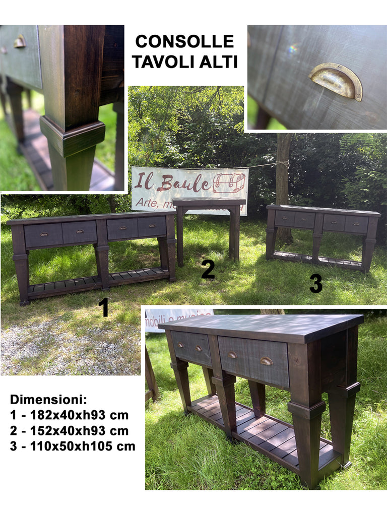 Consolle alta per arredo stile RUSTICO / COUNTRY FATTORIA in legno massello 4 cassetti e ripiano a giorno modello ( 1 ) 182x40xh93 cm su misura finitura noce