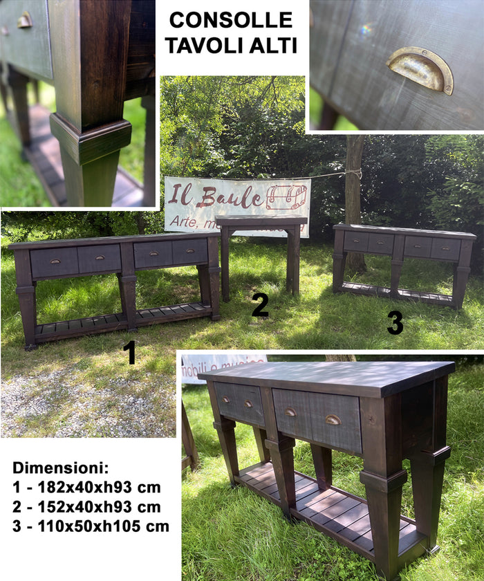Consolle alta per arredo stile RUSTICO / COUNTRY FATTORIA in legno massello 4 cassetti e ripiano a giorno modello ( 1 ) 182x40xh93 cm su misura finitura noce