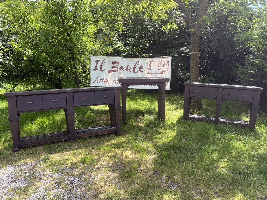Consolle alta per arredo stile RUSTICO / COUNTRY FATTORIA in legno massello 4 cassetti e ripiano a giorno modello ( 1 ) 182x40xh93 cm su misura finitura noce