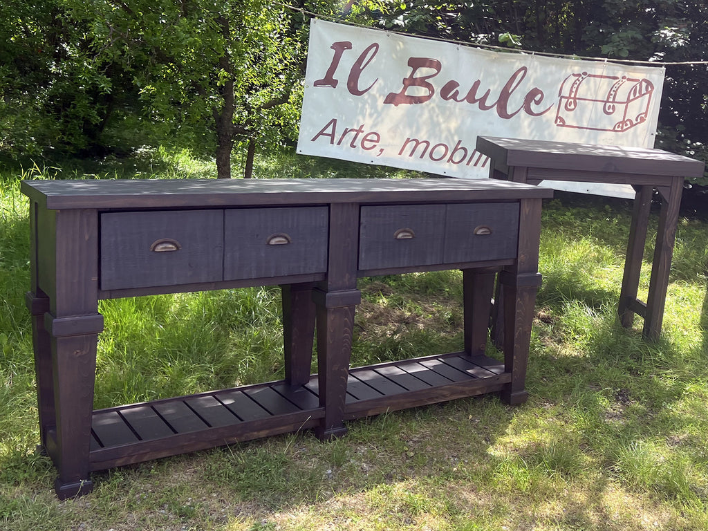 Consolle alta per arredo stile RUSTICO / COUNTRY FATTORIA in legno massello 4 cassetti e ripiano a giorno modello ( 1 ) 182x40xh93 cm su misura finitura noce