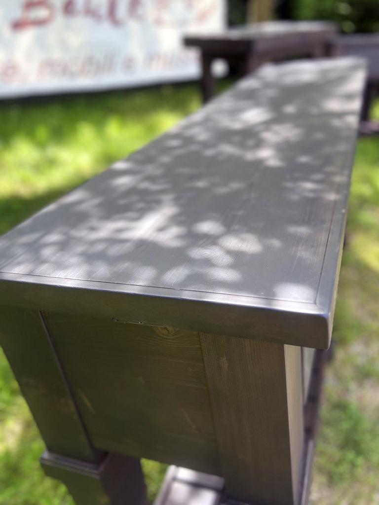 Consolle alta per arredo stile RUSTICO / COUNTRY FATTORIA in legno massello 4 cassetti e ripiano a giorno modello ( 1 ) 182x40xh93 cm su misura finitura noce