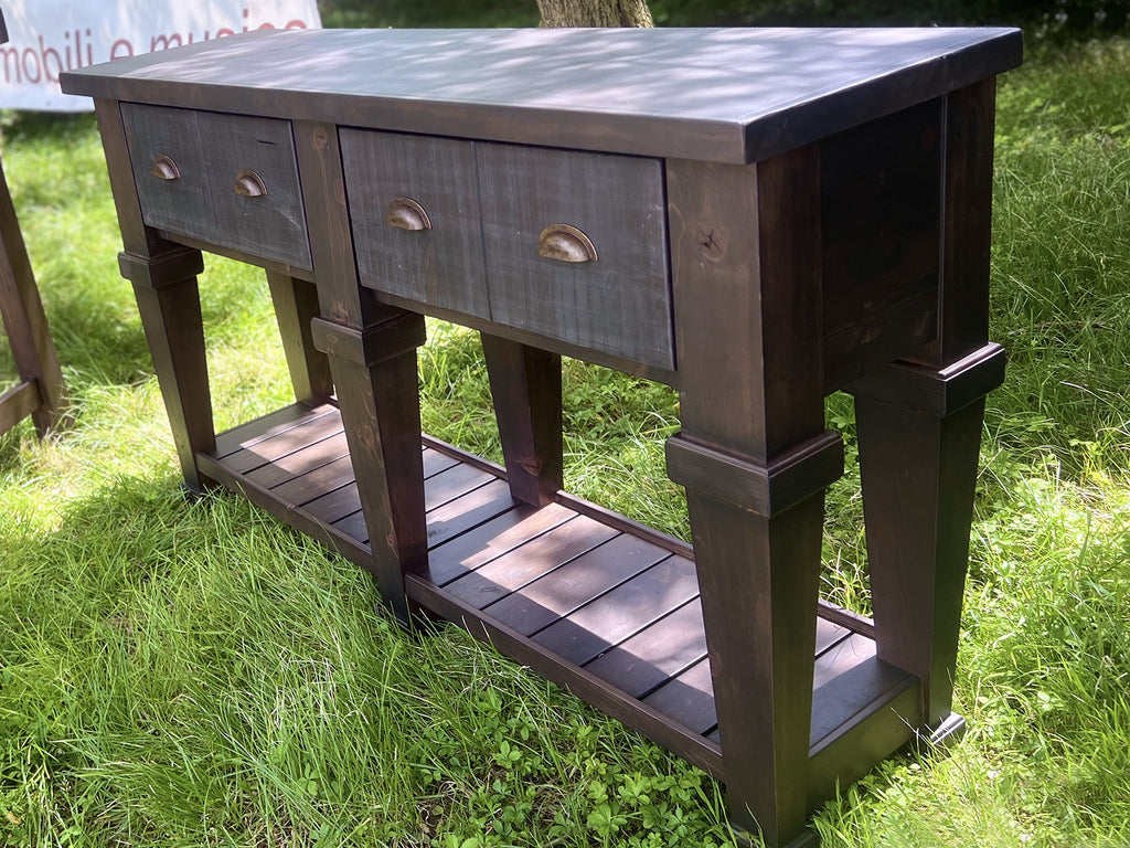 Consolle alta per arredo stile RUSTICO / COUNTRY FATTORIA in legno massello 4 cassetti e ripiano a giorno modello ( 1 ) 182x40xh93 cm su misura finitura noce