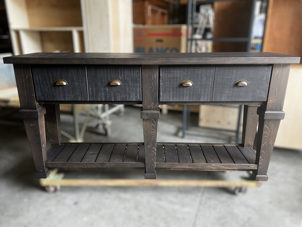 Consolle alta per arredo stile RUSTICO / COUNTRY FATTORIA in legno massello 4 cassetti e ripiano a giorno modello ( 1 ) 182x40xh93 cm su misura finitura noce