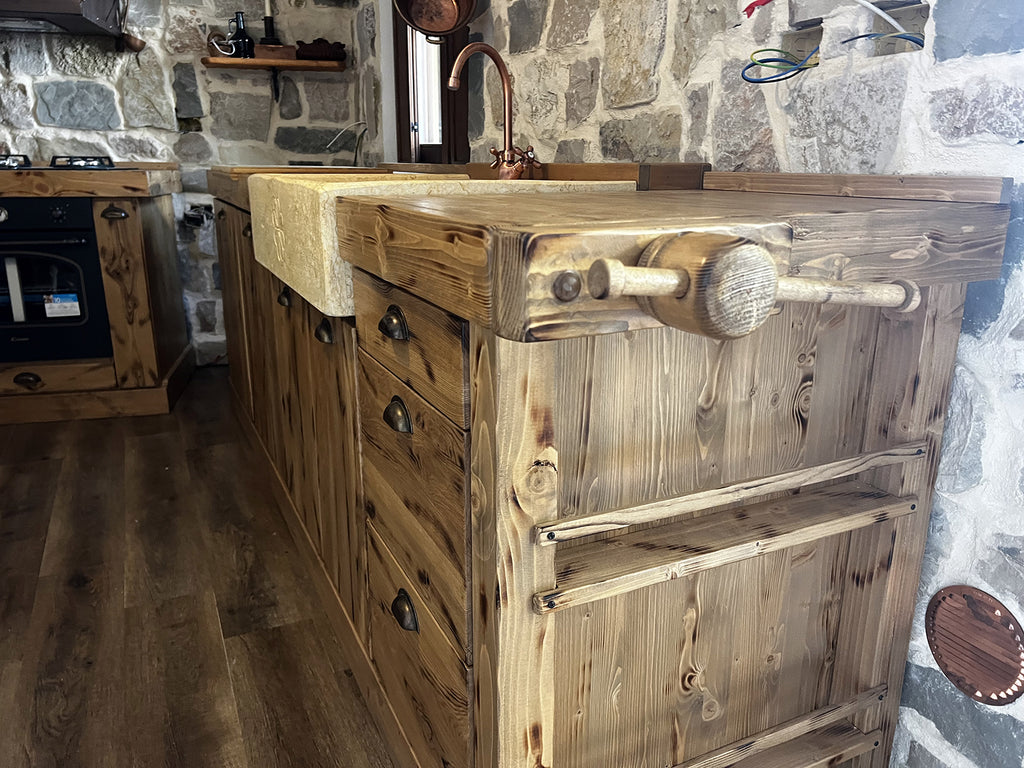 Cucina stile Banco da FALEGNAME / INDUSTRIAL modello COMO 2 elementi Base + Cappa 110+250x70xh90cm tutto legno massello