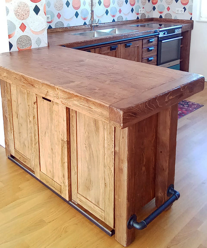 Cucina da 280x80xh92cm + Isola da 160x80xh92cm modello ESSEN stile INDUSTRIAL in legno massello di abete e frassino