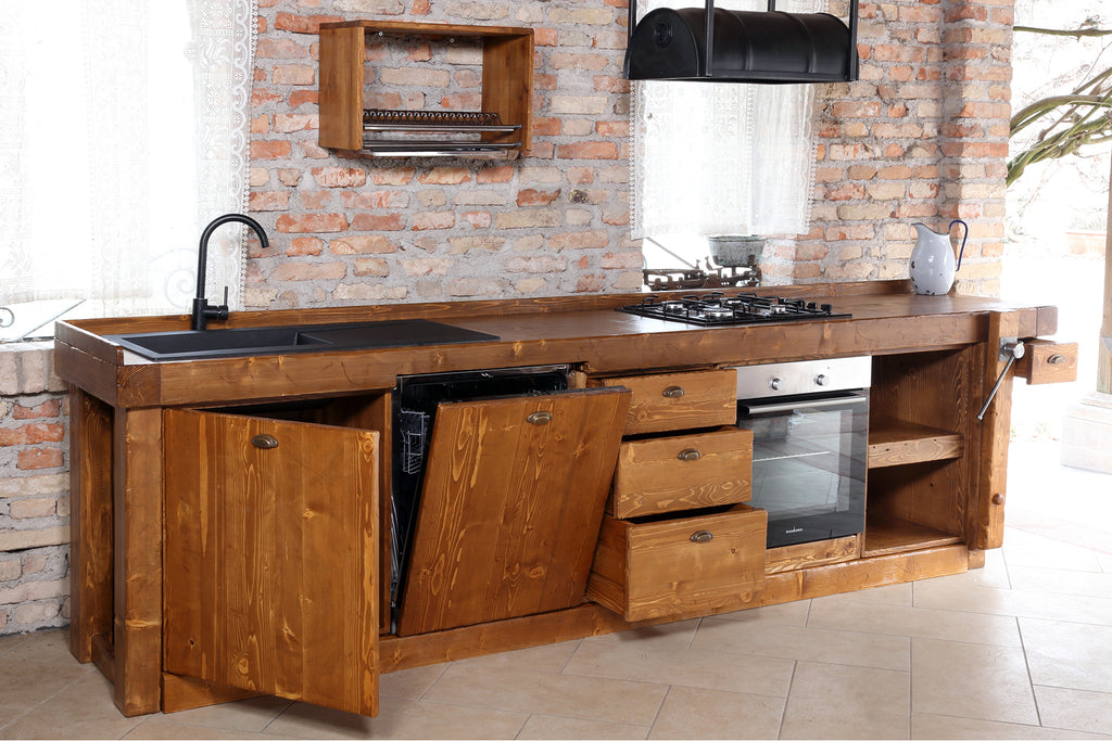 Linear kitchen VENEZIA LIDO INDUSTRIAL / RUSTIC style in solid wood predisposition for appliances dish drainer included and hood on request dimensions 320x65xh90cm
