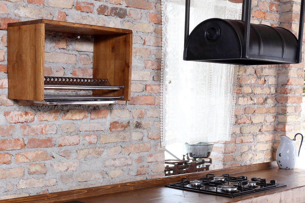 Linear kitchen VENEZIA LIDO INDUSTRIAL / RUSTIC style in solid wood predisposition for appliances dish drainer included and hood on request dimensions 320x65xh90cm