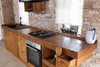 Linear kitchen VENEZIA LIDO INDUSTRIAL / RUSTIC style in solid wood predisposition for appliances dish drainer included and hood on request dimensions 320x65xh90cm