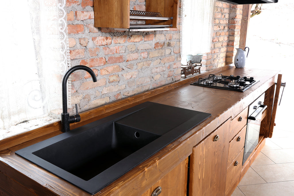 Linear kitchen VENEZIA LIDO INDUSTRIAL / RUSTIC style in solid wood predisposition for appliances dish drainer included and hood on request dimensions 320x65xh90cm