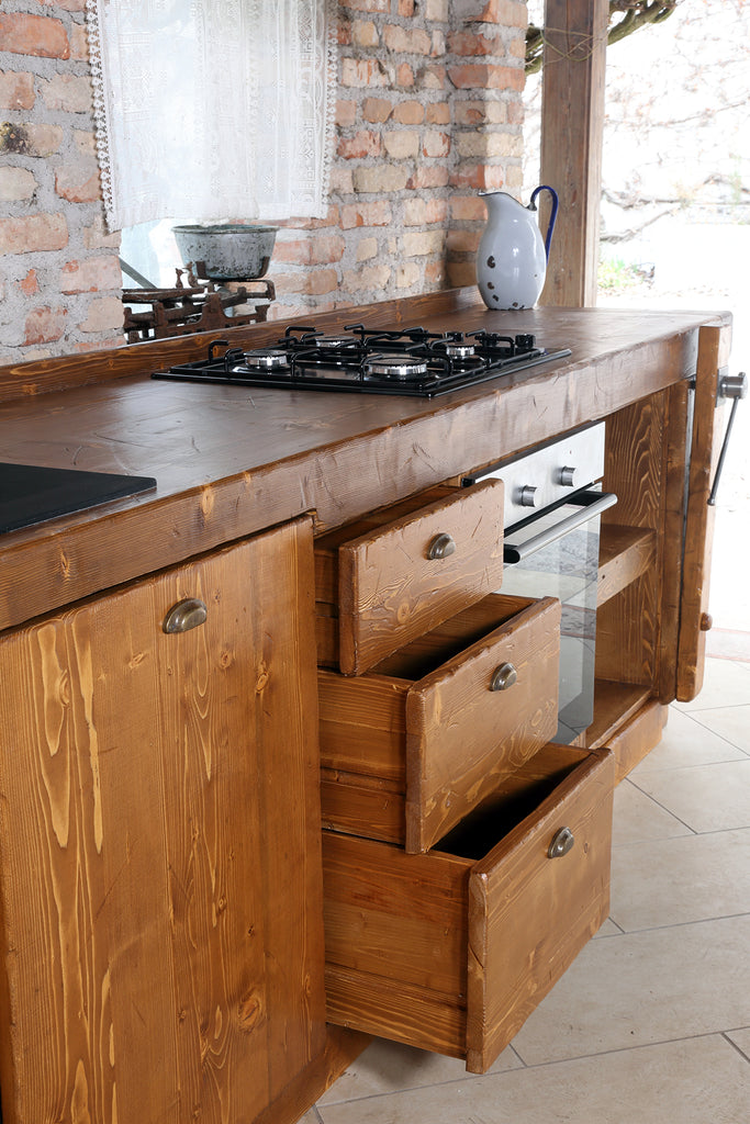 Linear kitchen VENEZIA LIDO INDUSTRIAL / RUSTIC style in solid wood predisposition for appliances dish drainer included and hood on request dimensions 320x65xh90cm