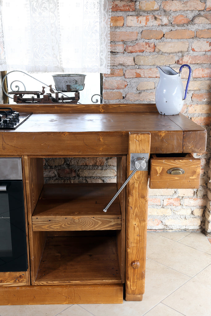 Linear kitchen VENEZIA LIDO INDUSTRIAL / RUSTIC style in solid wood predisposition for appliances dish drainer included and hood on request dimensions 320x65xh90cm