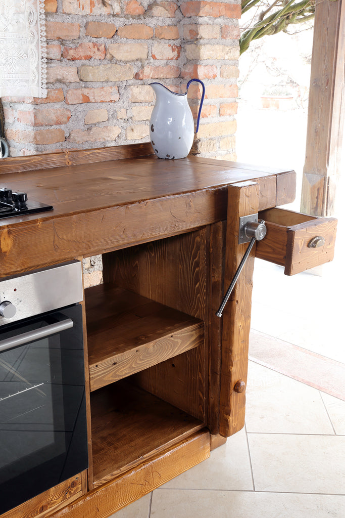 Linear kitchen VENEZIA LIDO INDUSTRIAL / RUSTIC style in solid wood predisposition for appliances dish drainer included and hood on request dimensions 320x65xh90cm