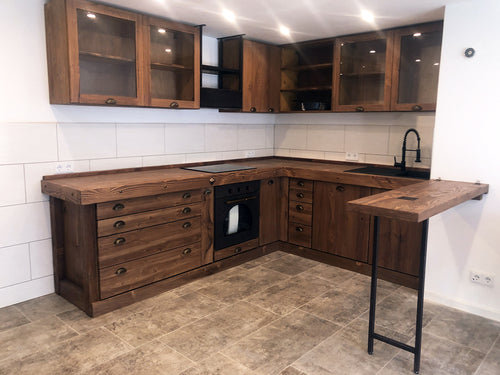 MONACO COUNTRY style corner kitchen in solid wood with fold-down snack table 310-205x65xh88cm