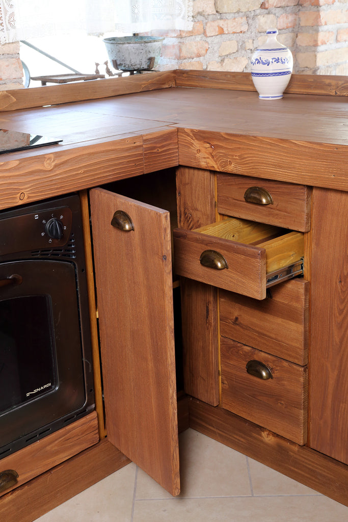 Cucina angolare MONACO stile COUNTRY in legno massello con tavolo snack a ribalta 310-205x65xh88cm