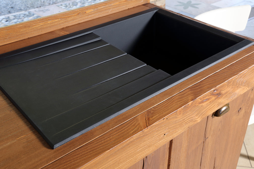 Cucina angolare MONACO stile COUNTRY in legno massello con tavolo snack a ribalta 310-205x65xh88cm