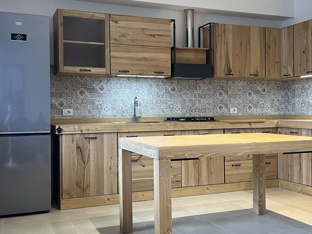 TREVISO COUNTRY style corner kitchen in solid ash without appliances and optional table measures 429x240x65xh90cm